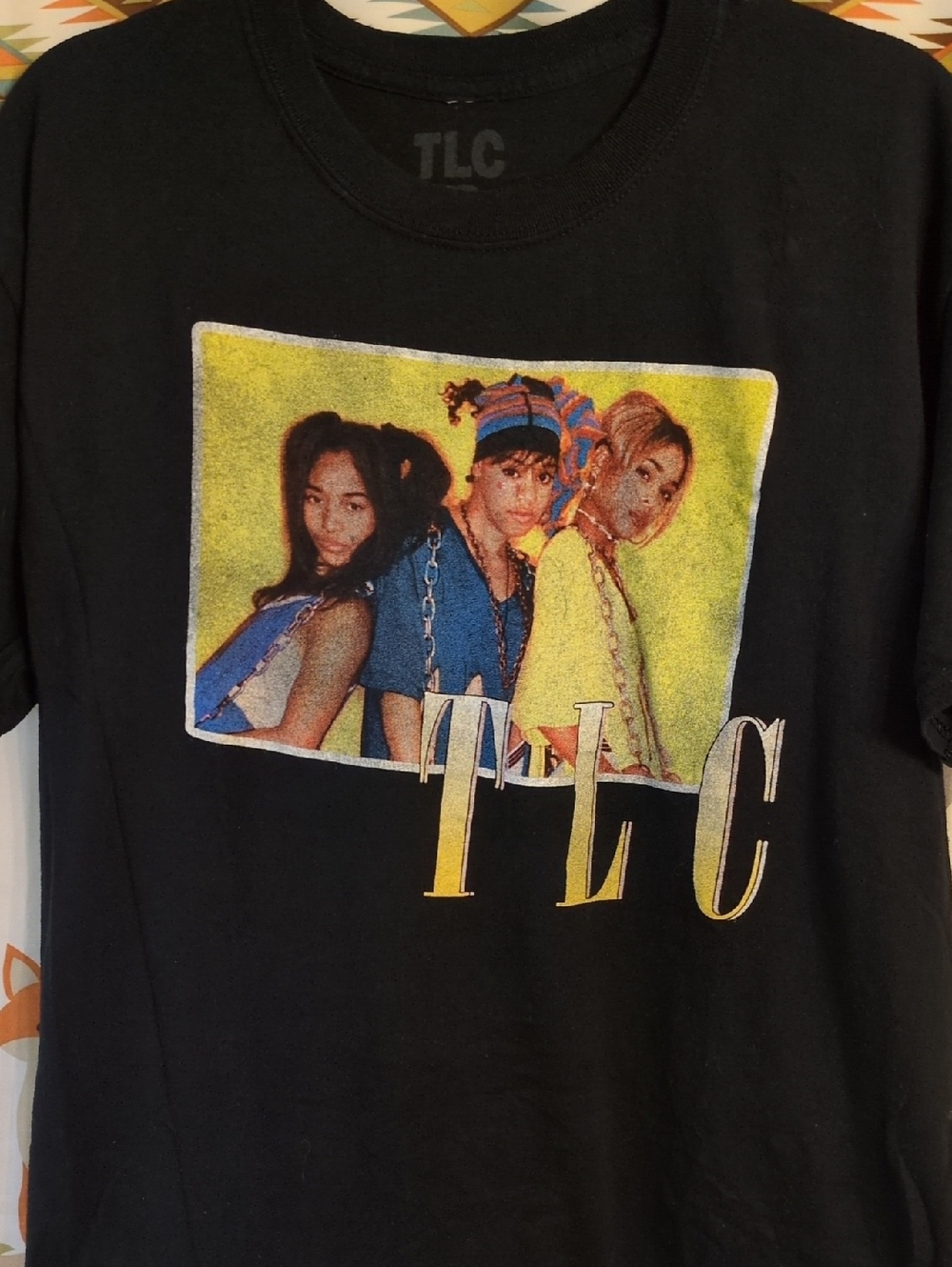 TLC Black Tee with Yellow & Blue Photo Graphic
